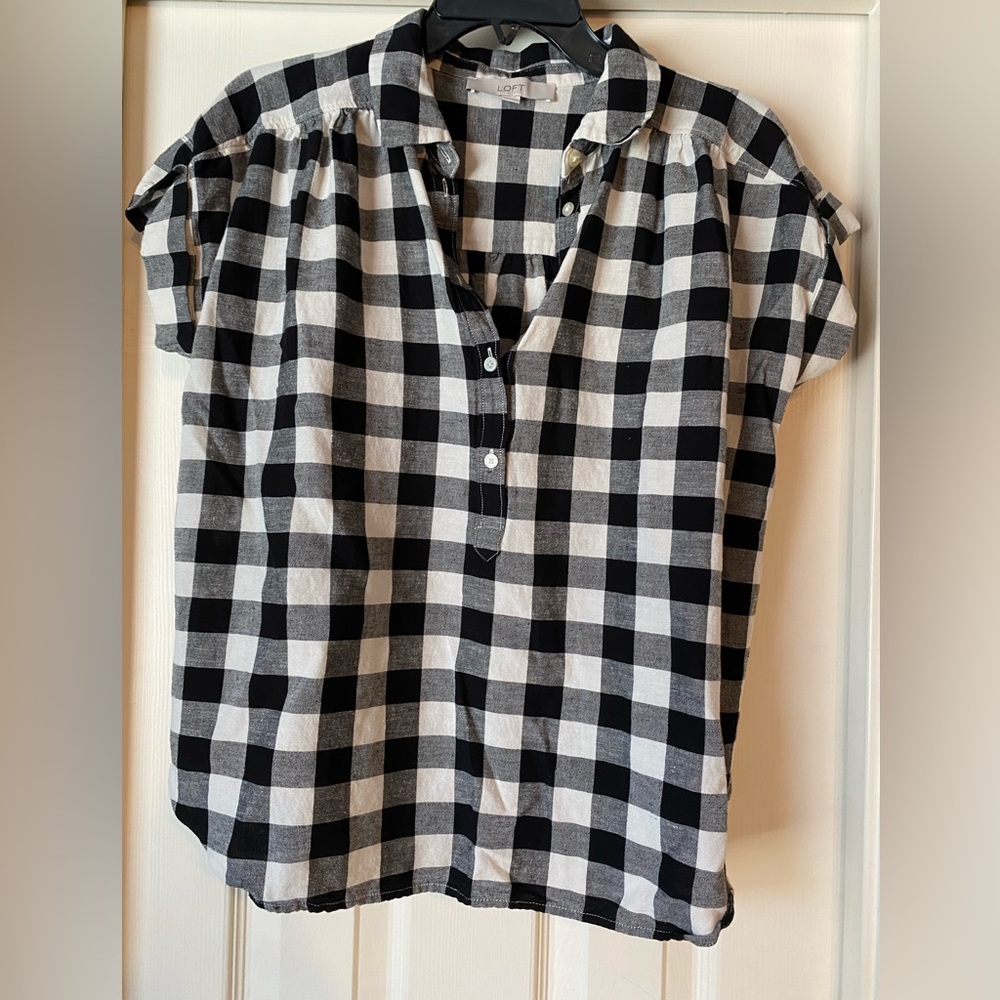 Loft black and white gingham half button blouse. Gently used